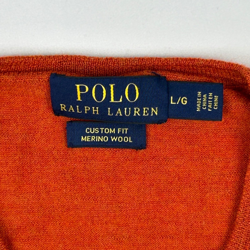 Polo Ralph Lauren Mens Orange Merino Wool V-Neck Sweater Custom‎ Fit Large L/G - Picture 3 of 11